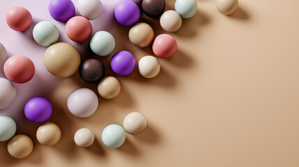 Wide-angle composition of balls spread unevenly across pastel beige surface, text space at bottom clean.