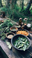 Gathering wild herbs and spices in a forest