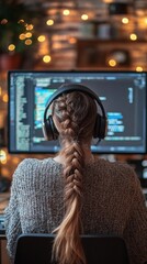 Fototapeta premium A young woman wearing headphones works on a computer with code, an atmosphere of concentration and modern technology — suitable for articles about programming, remote work, and IT education.