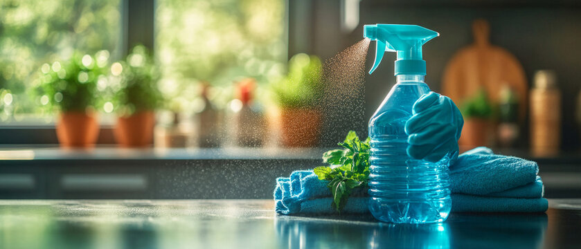 Cleaning supplies and a cloth on the kitchen table symbolize cleaning and hygiene, useful for articles about home comfort, cleanliness, and space organization.