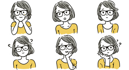 A young woman with glasses displays six distinct expressions, showcasing emotions like surprise, curiosity, thoughtfulness, and happiness. Each expression highlights a different feeling.