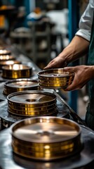 A worker on a production line polishes metal parts — suitable for materials about industrial production, manual labor, and modern technologies.