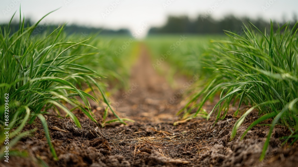 Aufkleber mediumfocused view of trial plot section showing healthy crop rows with background softly blurred em