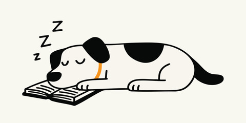 Fototapeta premium A cartoon illustration of a sleepy dog napping, nestled comfortably atop an open book, and with zzzs showing it is sleeping. It's a visual reminder of the simple joys of rest and relaxation.