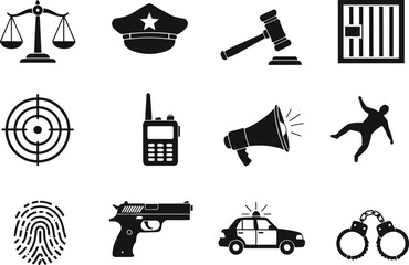 Vector set of law enforcement and justice icons including police badge, gun, handcuffs, scales, jail cell, fingerprint, and siren