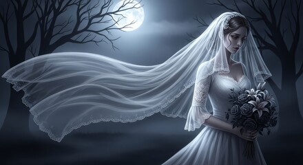 Ethereal bride in a flowing veil under a full moon, holding dark bouquet in a mystic forest