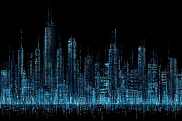 Whimsical cartoon city of binary skyscrapers — glowing with animated charm against black sky. Ideal for kids’ coding apps, edutainment, and playful tech storytelling.