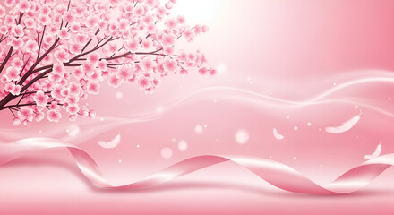 Soft pink blossoming ambiance featuring cherry tree, ribbon and light texture art