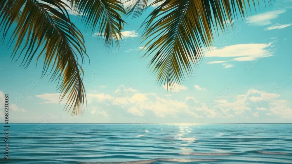 Poster a serene view of the ocean with a palm tree standing tall in the foreground