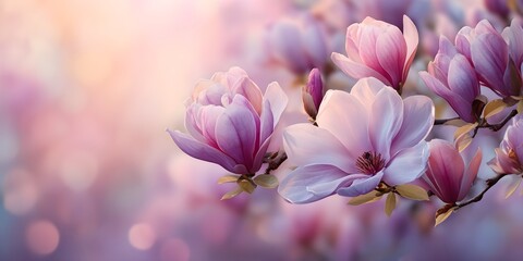 Obraz premium Close-up of blooming magnolia in pastel pink & purple — soft sunlight, delicate petals & green hints evoke romance, wellness, and luxury feminine brand visuals.