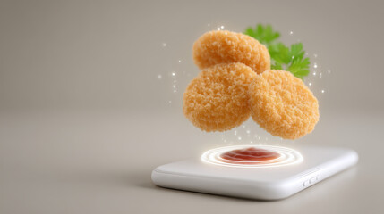 Food delivery online order, Crispy food delivery online order concept with fried nuggets and sauce on smartphone screen for fast meal