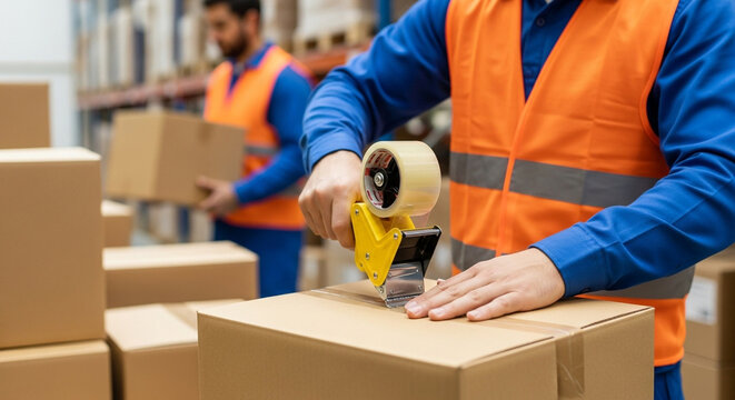 Worker sealing cardboard box with tape dispenser in warehouse with another worker behind - Powered by Adobe