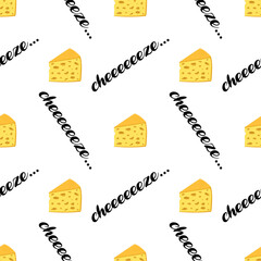 Seamless square pattern with cheese. Hand drawn texture in flat style with cheese pieces and lettering on changeable white background. Background for printing wrapping paper. Simple pattern.