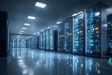 Fototapeta premium Glowing white data center with blue-lit server rows — symbolizing cloud power, tech innovation & digital infrastructure for enterprise, AI, and cybersecurity visuals.