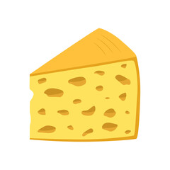 Cut piece of cheese with holes. Maasdam. Waxed cheese. Cheese texture. Hand drawn clip art in flat style. Isolated on white background. Natural dairy product.