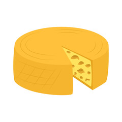 Big round cheese without cut out piece. Large puck of cheese with holes in wax treatment. Maasdam. Isolated on white background. Hand drawn vector cheese in flat style.