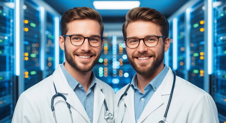 Two smiling doctors in white coats and stethoscopes stand in front of server racks