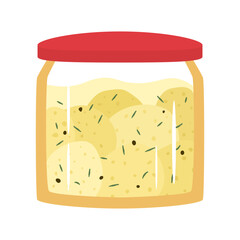Glass jar with cheese in vegetable oil and spices. Pickled cheese with holes. Natural farm cheese delicacy. Hand drawn clip art in flat style. Isolated on white background. Dairy products.