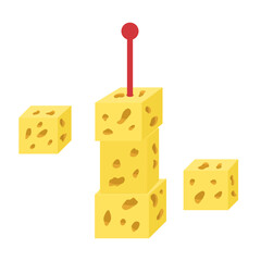 Cheese canape on red skewer with cheese cubes. Cheese with holes, maasdam. Cheese buffet serving. Dessert cheese. Hand drawn clip art in flat style. Isolated on white background. Simple draw.