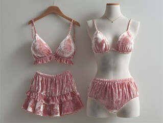 pink two piece swimwear set velvet fabric captured catalog photographs one apparel flat lay clean simple design for web and print use clear view modern minimal look neat layout vivid detail soft