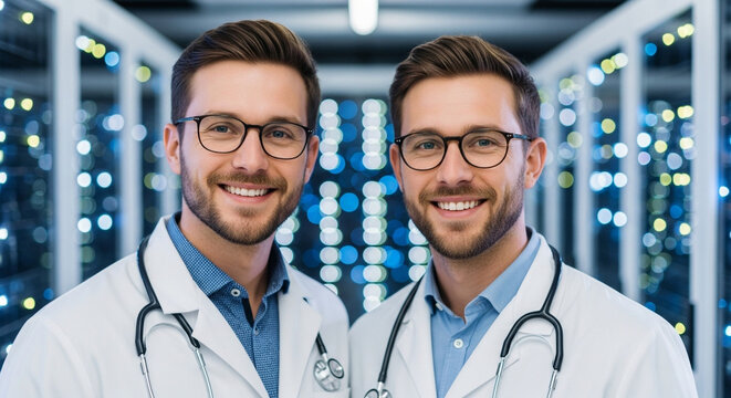 Two smiling doctors wearing glasses and lab coats in front of server racks with lights