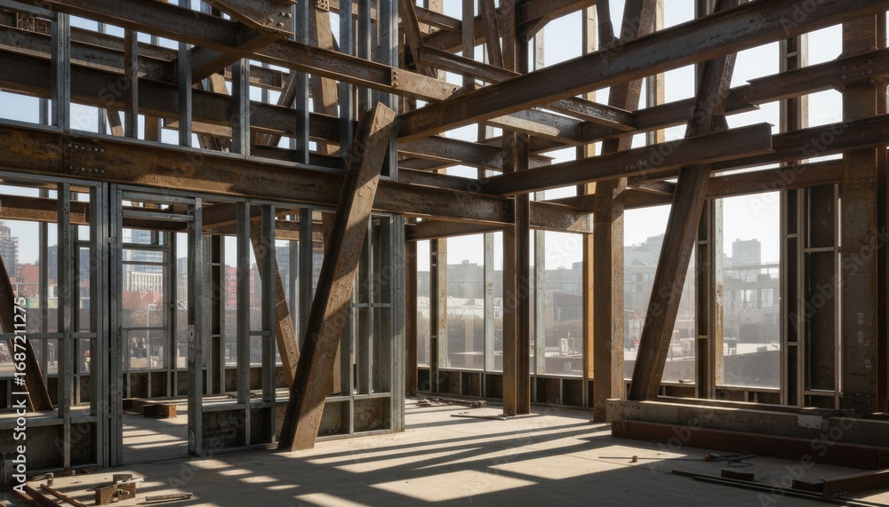 Poster view of a partially completed structure featuring recycled metal beams with natural lighting highlig