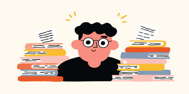 A studious individual surrounded by a towering stack of books, immersed in the world of knowledge, with a sense of enlightenment and boundless curiosity.