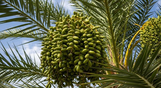 Palm tree bearing clusters of green unripe dates against a sky backdrop surrounded by the trees leafy fronds
