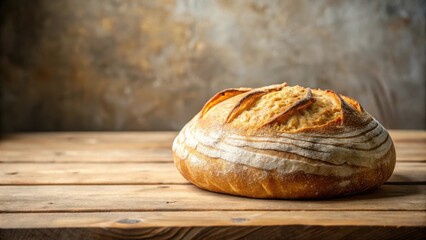 Artisan sourdough bread loaf rests on rustic wooden surface against a blurred background