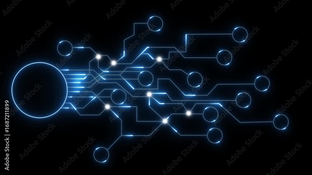 Poster circuit board with glowing neon lines showing digital network connectivity and futuristic technology
