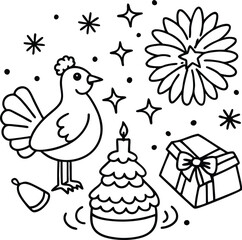 Hand drawn doodle of turkey eating pumpkin pie under a Christmas tree full of gift boxes and fireworks scribbled in sky.