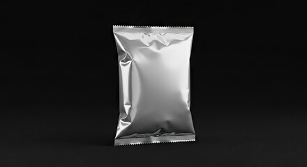 Shiny silver foil pack stands on a dark gray surface Serrated seal