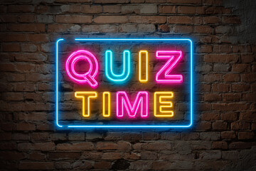 Obraz premium Quiz Time Neon Sign on Brick Wall Bright Colors Fun Game