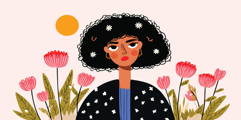 A confident young woman with dark curly hair, surrounded by vibrant flowers, embodies a sense of serenity and poise. This artistic portrayal captures the essence of self-assured beauty. 