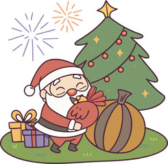 Cute chibi Santa hugging a turkey sitting on a giant pumpkin with gifts scattered, Christmas tree glowing, countdown fireworks in sky.