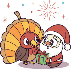 Adorable kawaii turkey holding a Christmas present while sitting near Santa, pumpkin glowing like a candle, and colourful fireworks in the background.