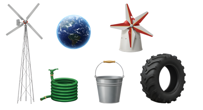 FARMING - 3D renders of assorted farm and garden equipment including windmill, garden hose, metal bucket, tire, and earth globe, isolated on white, perfect for agriculture or environmental projects