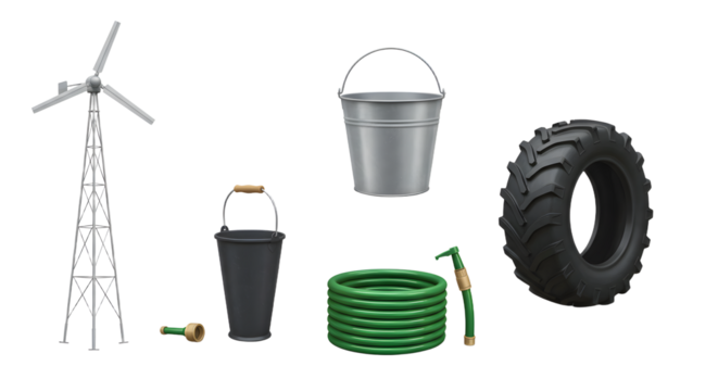 FARMING - 3D illustration of garden tools including a green hose, two buckets, a tire, a windmill, and a hose nozzle, perfect for outdoor and gardening projects