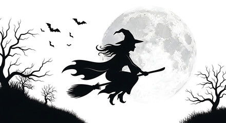 Silhouette of a witch flying on a broomstick with bats and trees against a full moon background ai generated