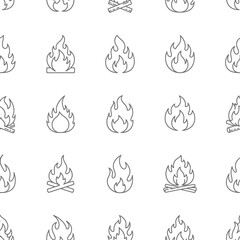 Seamless pattern of various fire flames and firewood icons.