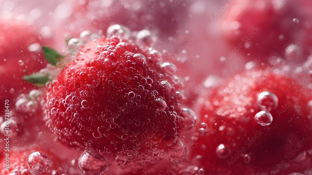 Poster A close up  ro shot of fresh strawberries submerged in sparkling bubbly liquid creating a vibrant and refreshing visual