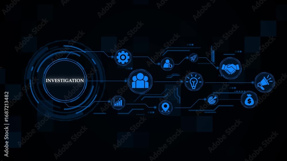 Poster investigation hologram concept. business technology virtual screen background. performance metrics, 