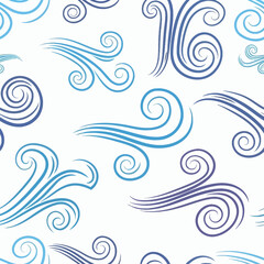 Seamless pattern of stylized blue and purple wind gusts or ocean waves on a white background.