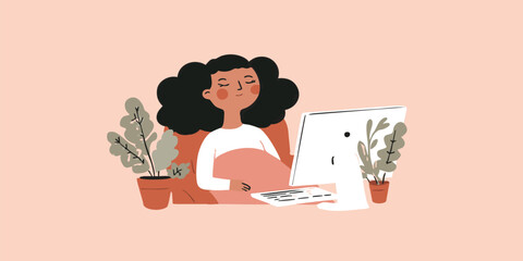 A serene illustration shows a pregnant woman peacefully working on her computer, enveloped in a calming atmosphere with indoor plants.
