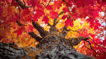 A close-up of an autumn tree trunk with vibrant red and yellow leaves hanging above.