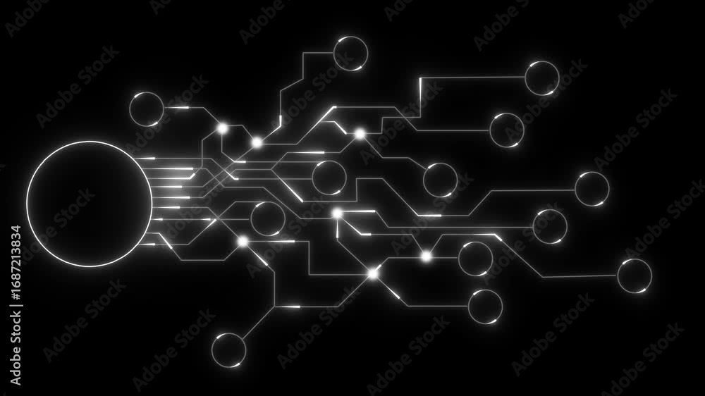 Poster circuit board with glowing lines showing futuristic digital network connectivity and technology conc