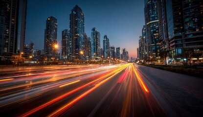 Fototapeta premium Cityscape at twilight, traffic streaks across a road, modern high-rises