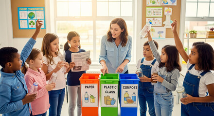 Teacher and diverse students in a classroom learn about recycling, sorting waste into paper and plastic bins.