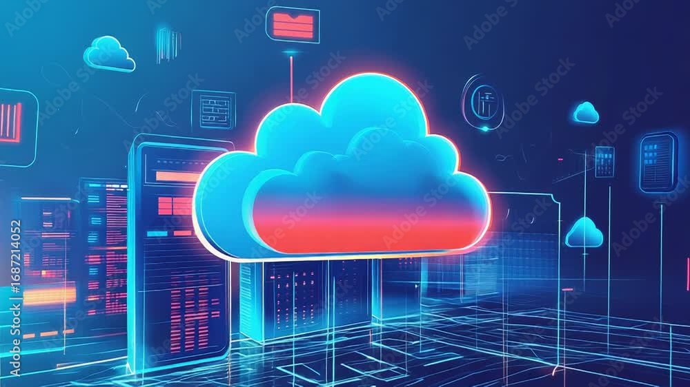Poster futuristic cloud computing and data storage visualization