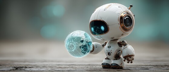 White Black Teal Gradient Aqua Robot Standing Right Side Frame Positioned Wooden Plank Floor Front Background Blurred Poster Banner Marketing Ecommerce Web Print Copy Space Template Bran SEO Optimized